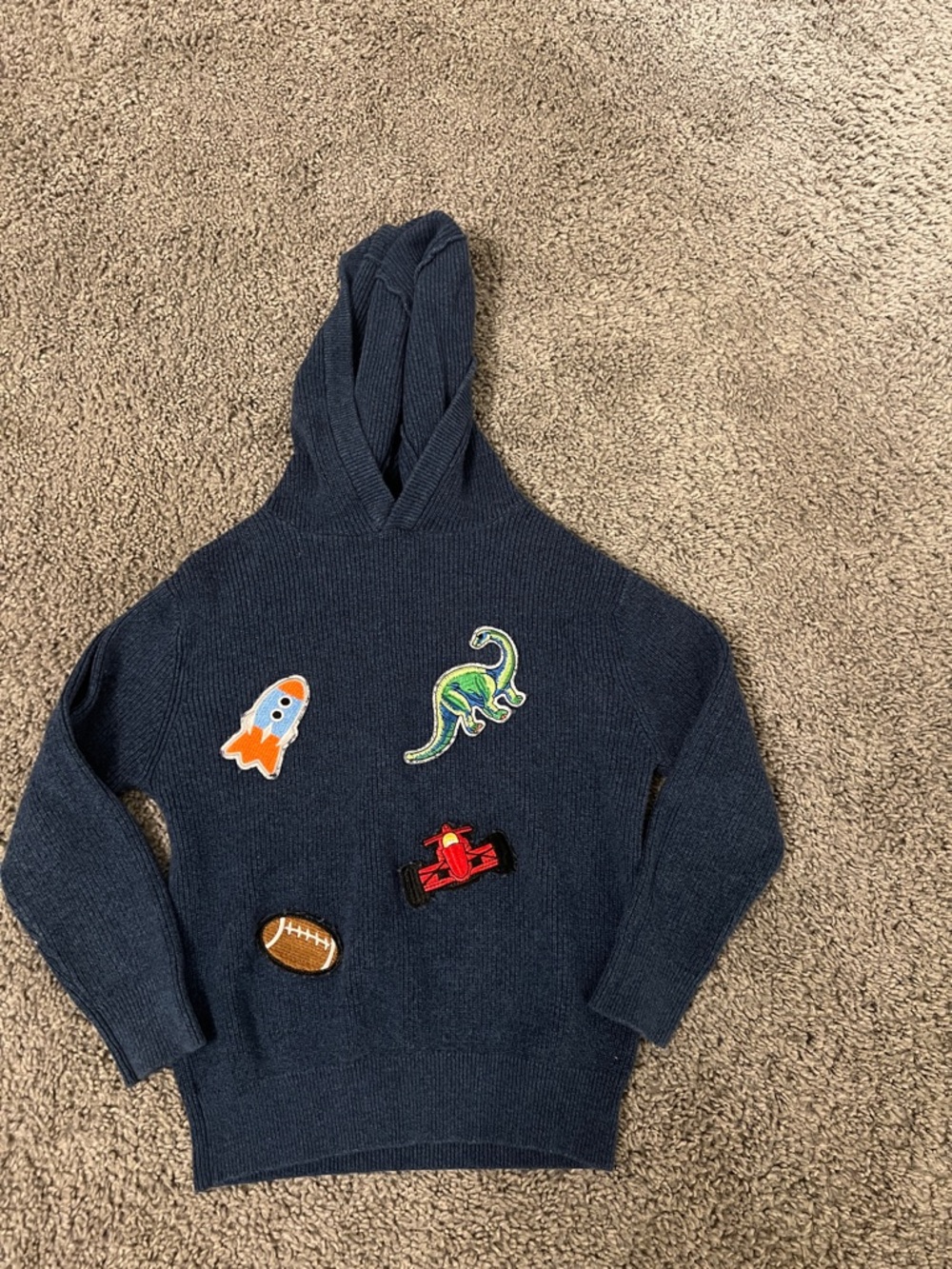 Andy & Evan Navy Hooded Sweater with Colorful Vehicle and Dino Patches